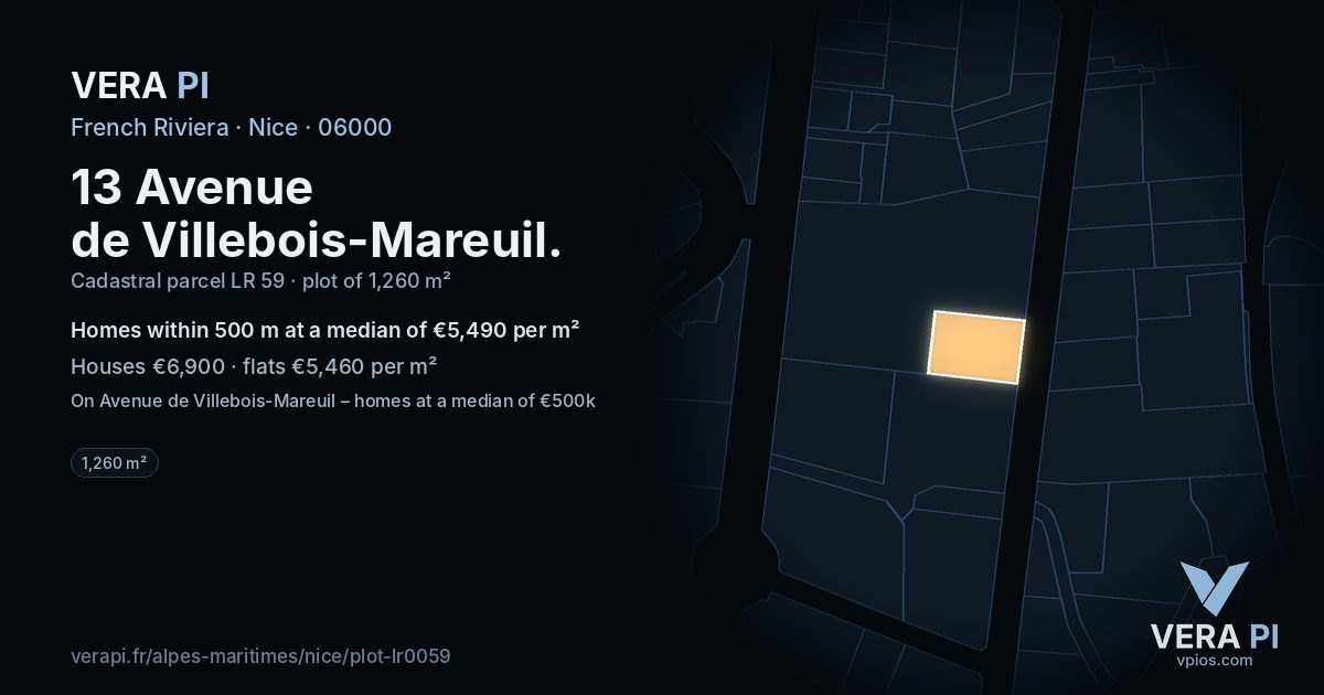 13 Avenue de Villebois-Mareuil, Nice at night – the plot lit, the parcels around coloured by the prices near them