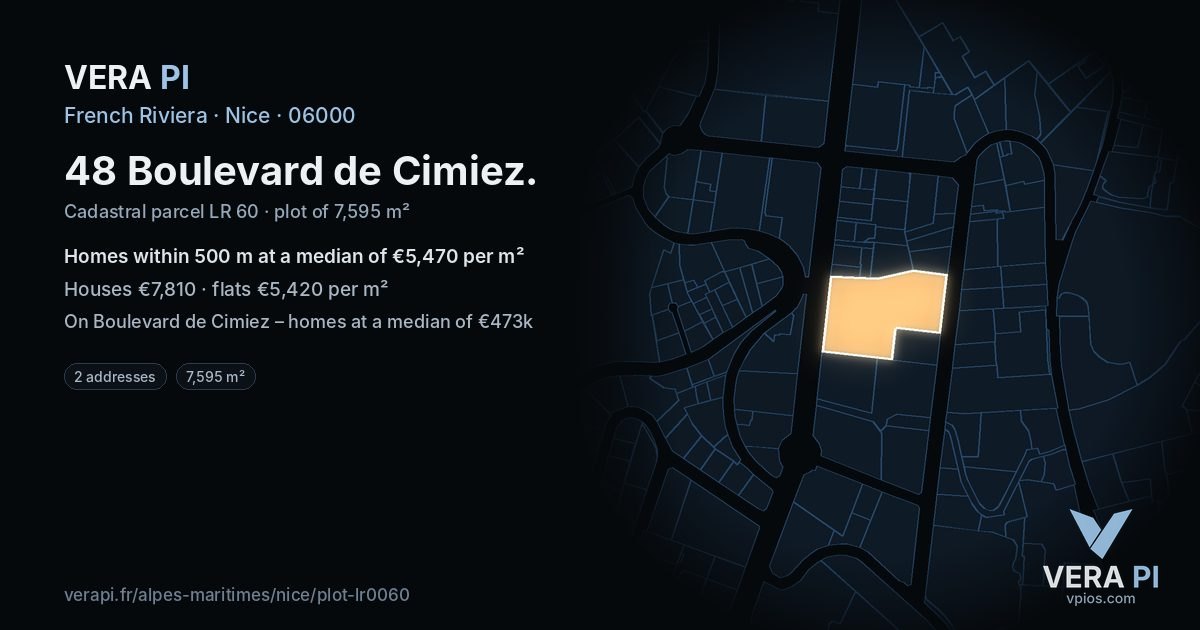 48 Boulevard de Cimiez, Nice at night – the plot lit, the parcels around coloured by the prices near them