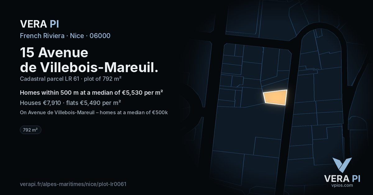 15 Avenue de Villebois-Mareuil, Nice at night – the plot lit, the parcels around coloured by the prices near them