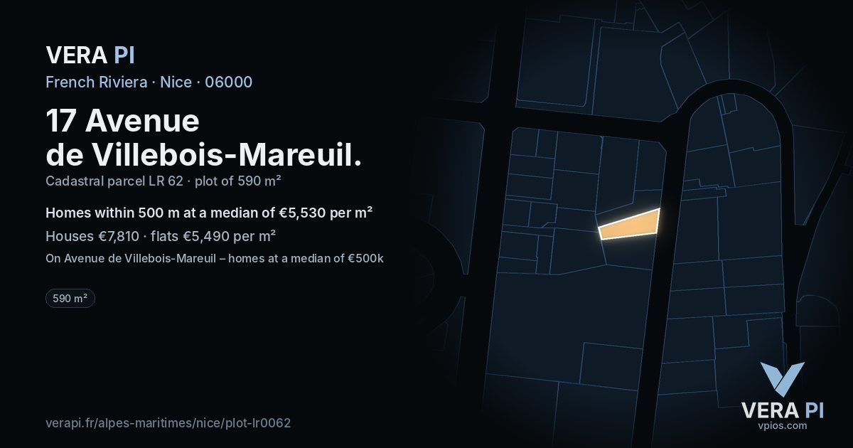 17 Avenue de Villebois-Mareuil, Nice at night – the plot lit, the parcels around coloured by the prices near them