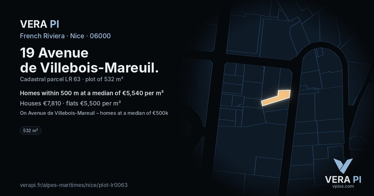19 Avenue de Villebois-Mareuil, Nice at night – the plot lit, the parcels around coloured by the prices near them