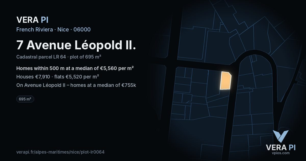 7 Avenue Léopold II, Nice at night – the plot lit, the parcels around coloured by the prices near them