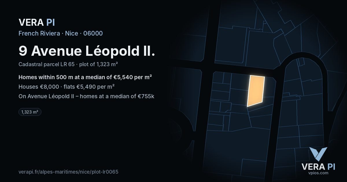 9 Avenue Léopold II, Nice at night – the plot lit, the parcels around coloured by the prices near them