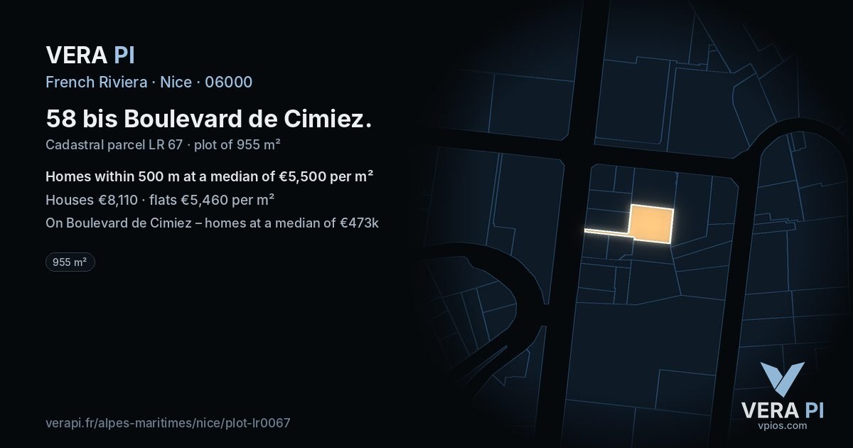 58 bis Boulevard de Cimiez, Nice at night – the plot lit, the parcels around coloured by the prices near them