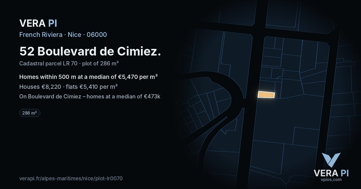 52 Boulevard de Cimiez, Nice at night – the plot lit, the parcels around coloured by the prices near them