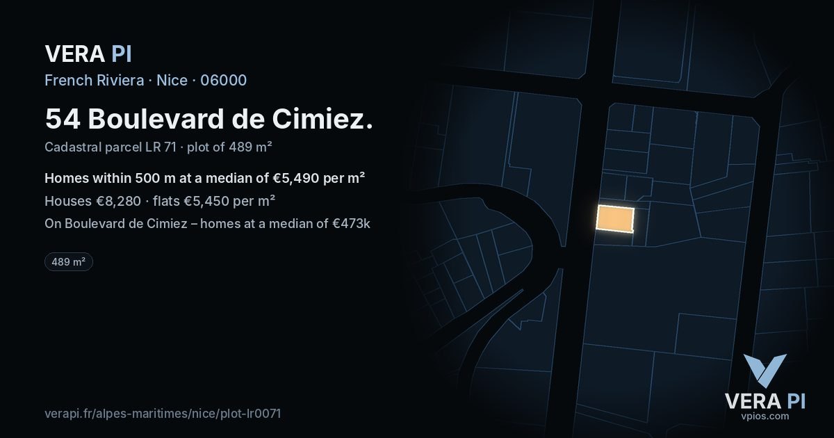 54 Boulevard de Cimiez, Nice at night – the plot lit, the parcels around coloured by the prices near them