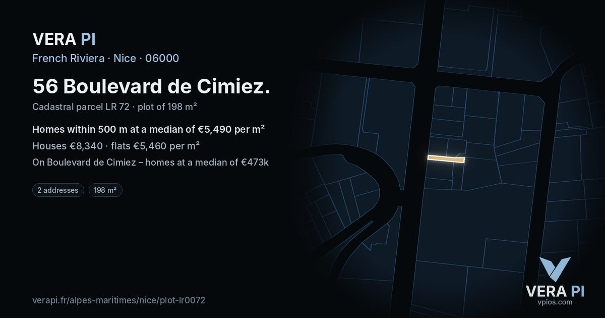 56 Boulevard de Cimiez, Nice at night – the plot lit, the parcels around coloured by the prices near them