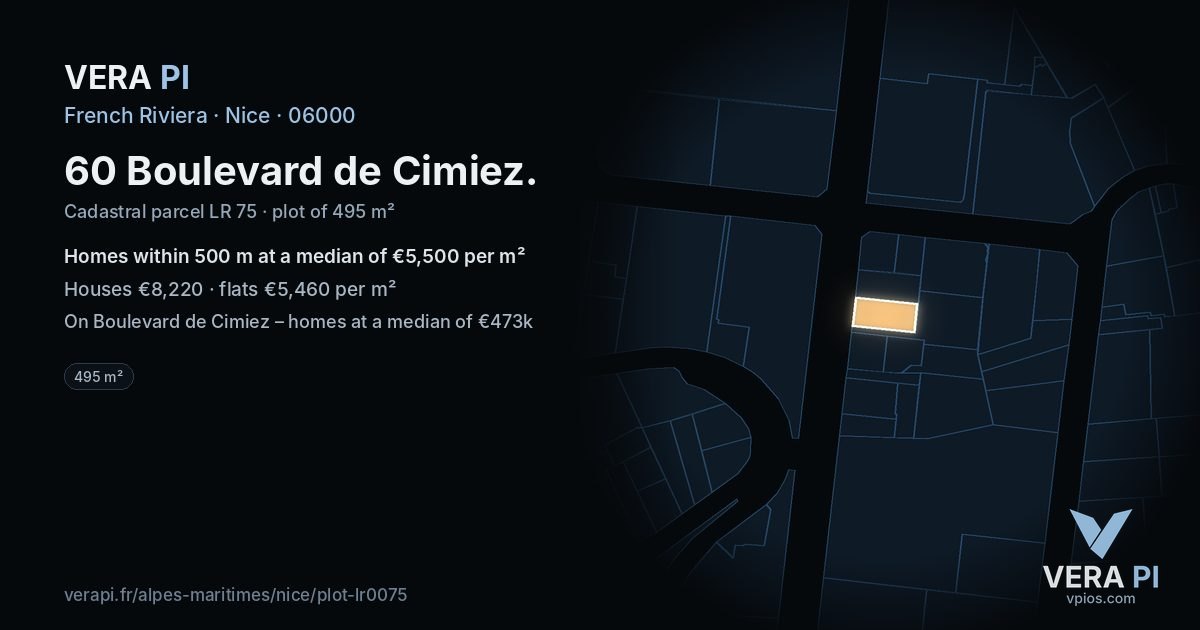 60 Boulevard de Cimiez, Nice at night – the plot lit, the parcels around coloured by the prices near them