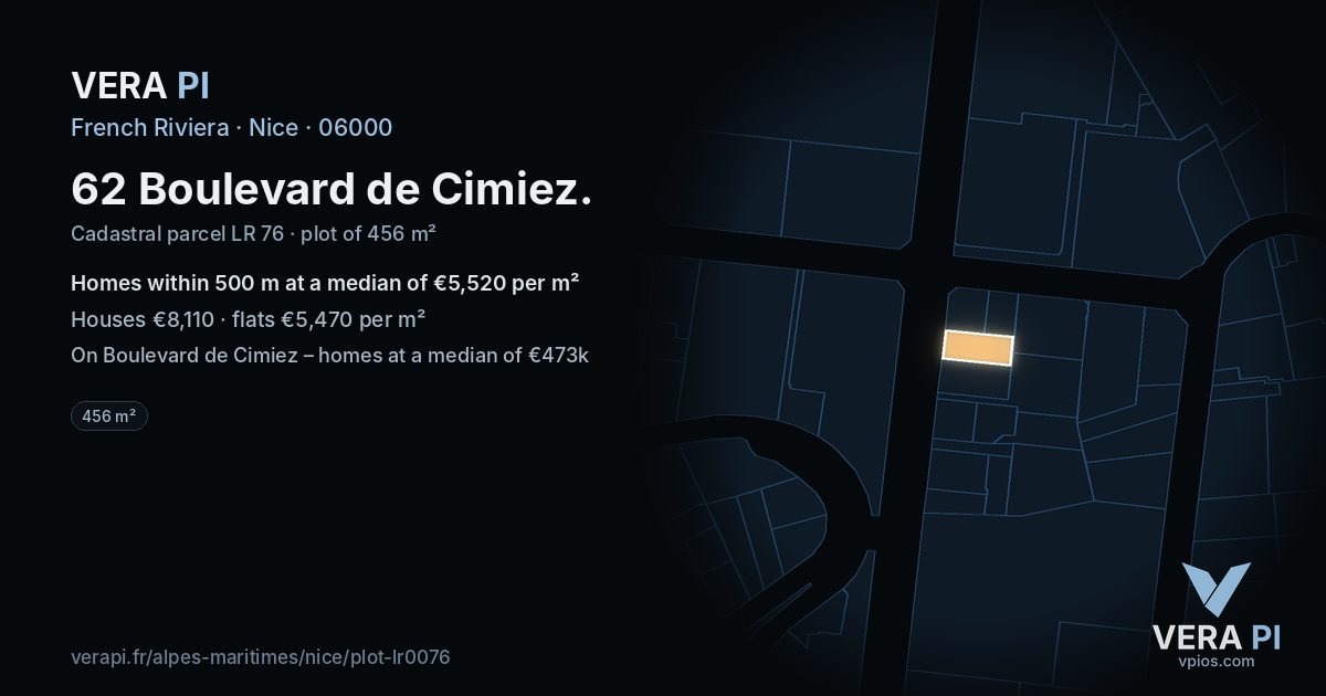 62 Boulevard de Cimiez, Nice at night – the plot lit, the parcels around coloured by the prices near them