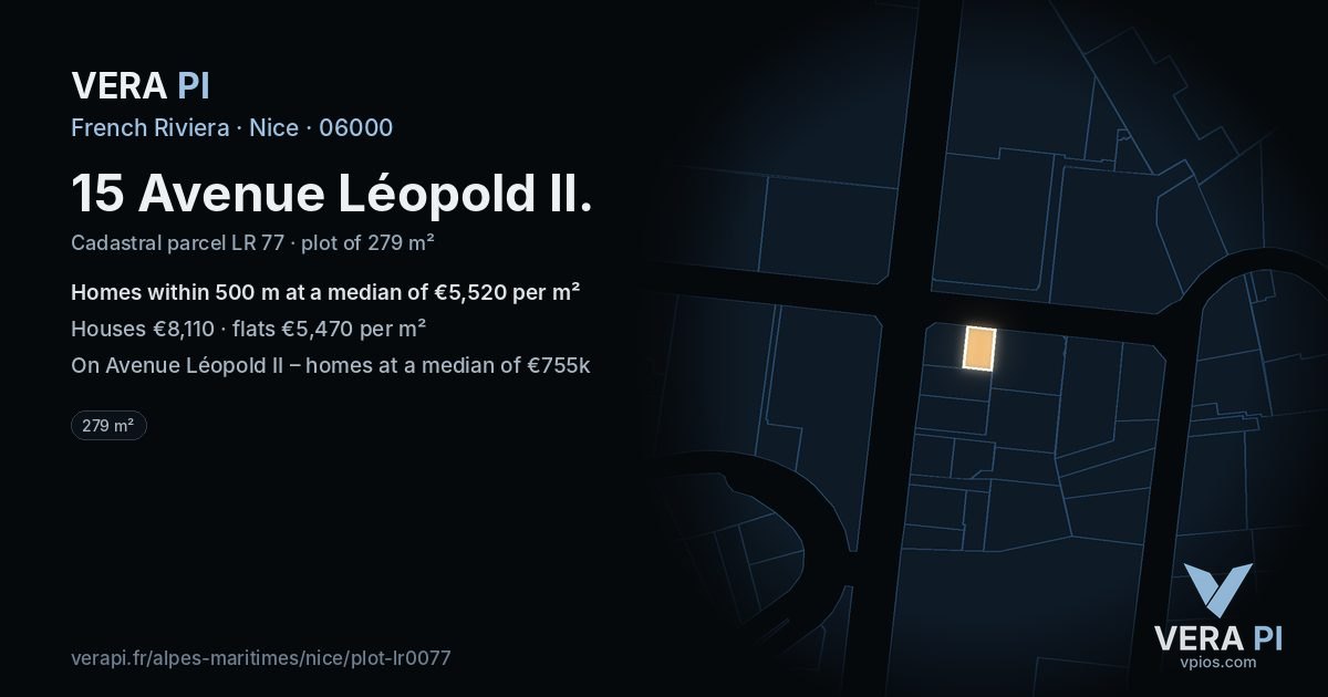 15 Avenue Léopold II, Nice at night – the plot lit, the parcels around coloured by the prices near them