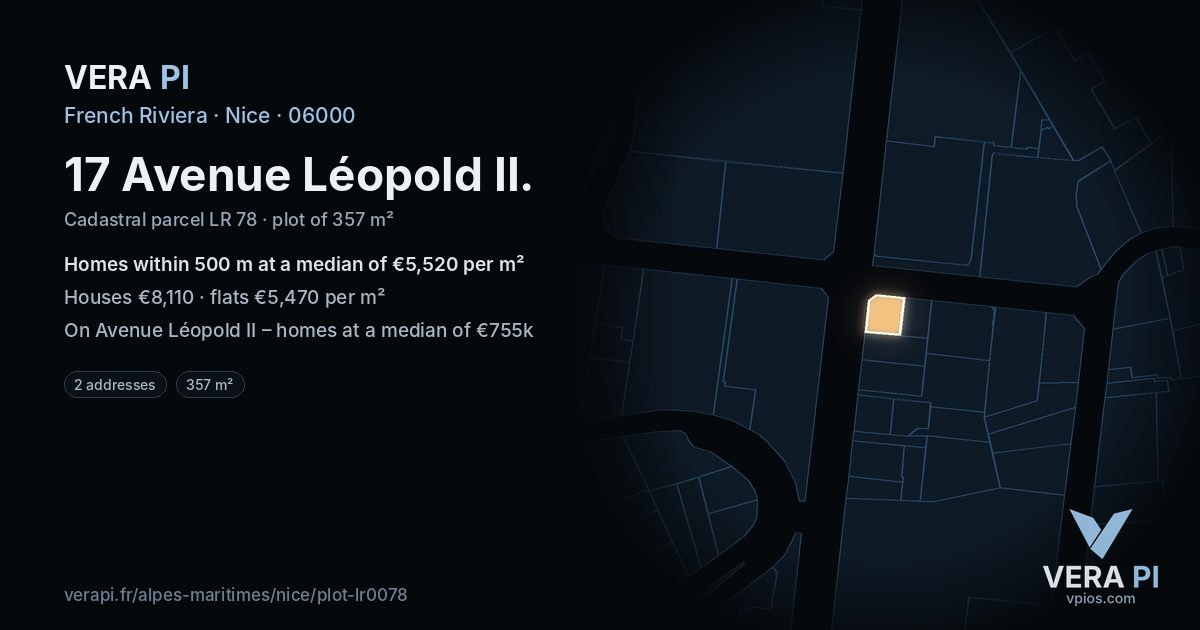 17 Avenue Léopold II, Nice at night – the plot lit, the parcels around coloured by the prices near them