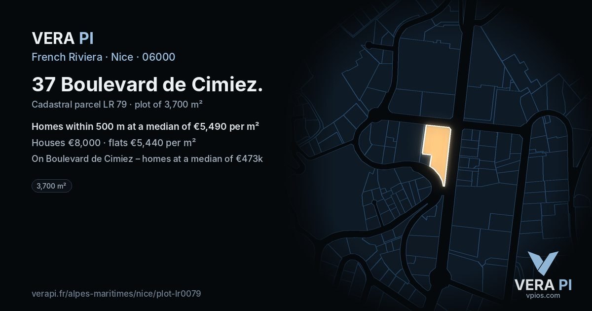37 Boulevard de Cimiez, Nice at night – the plot lit, the parcels around coloured by the prices near them