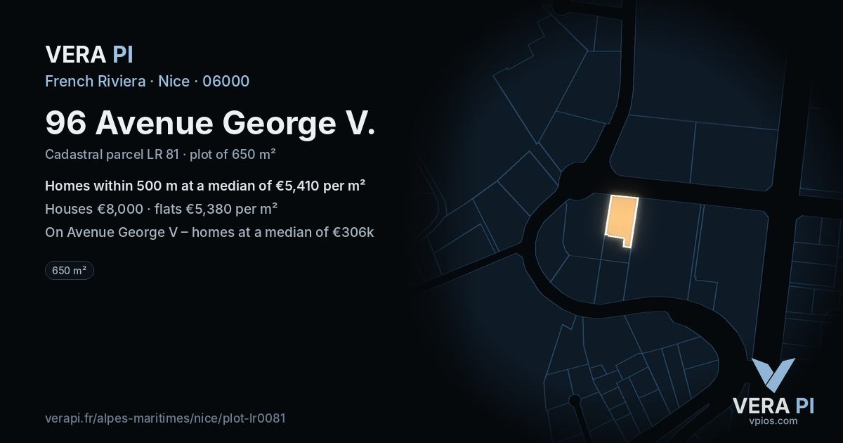 96 Avenue George V, Nice at night – the plot lit, the parcels around coloured by the prices near them