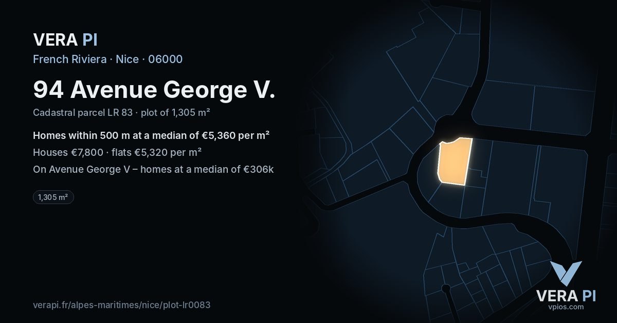 94 Avenue George V, Nice at night – the plot lit, the parcels around coloured by the prices near them