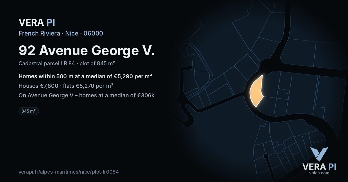 92 Avenue George V, Nice at night – the plot lit, the parcels around coloured by the prices near them