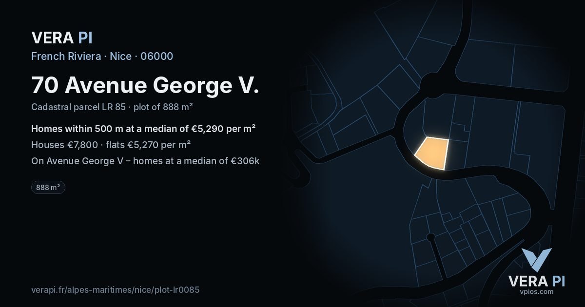 70 Avenue George V, Nice at night – the plot lit, the parcels around coloured by the prices near them