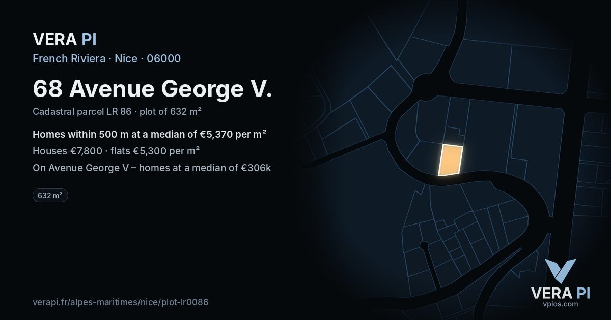 68 Avenue George V, Nice at night – the plot lit, the parcels around coloured by the prices near them