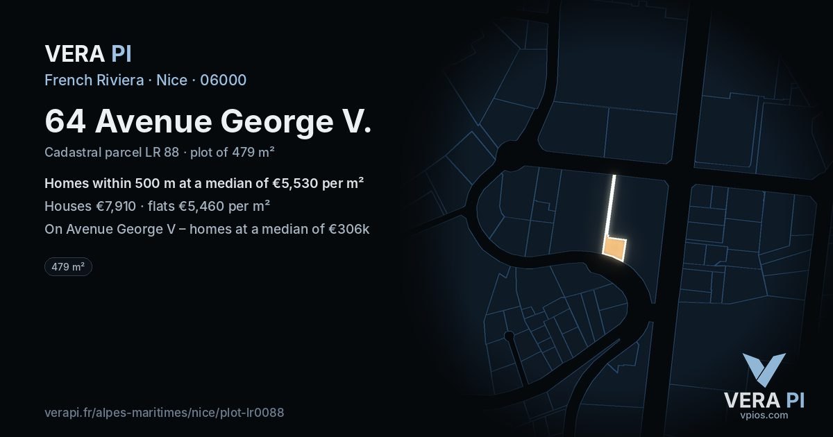64 Avenue George V, Nice at night – the plot lit, the parcels around coloured by the prices near them
