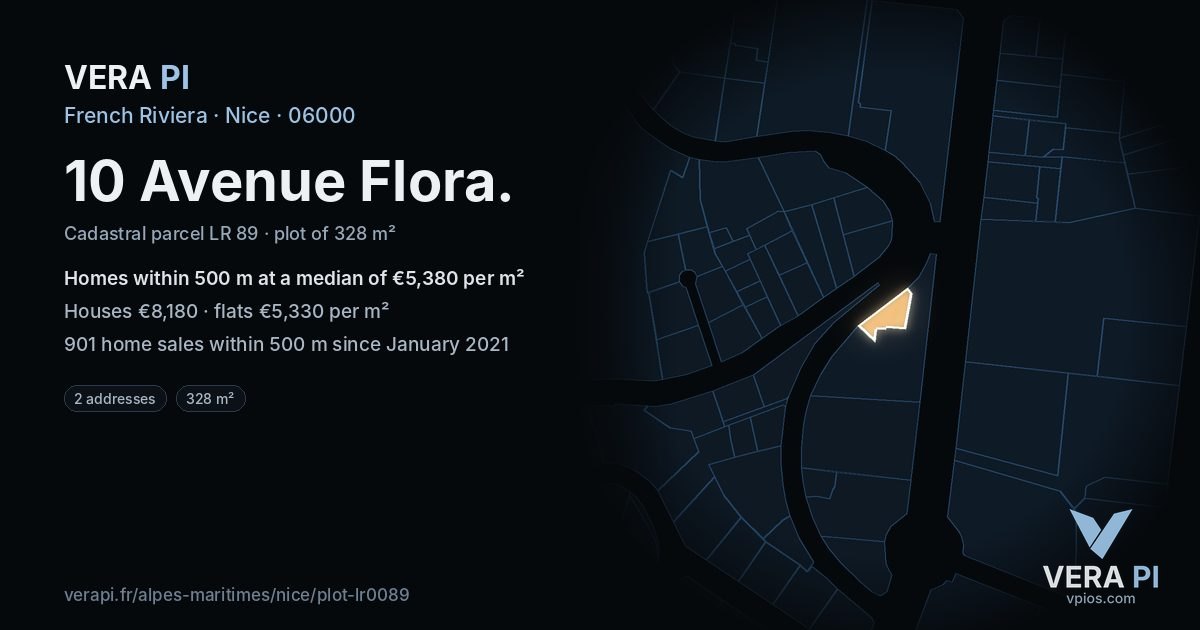 10 Avenue Flora, Nice at night – the plot lit, the parcels around coloured by the prices near them
