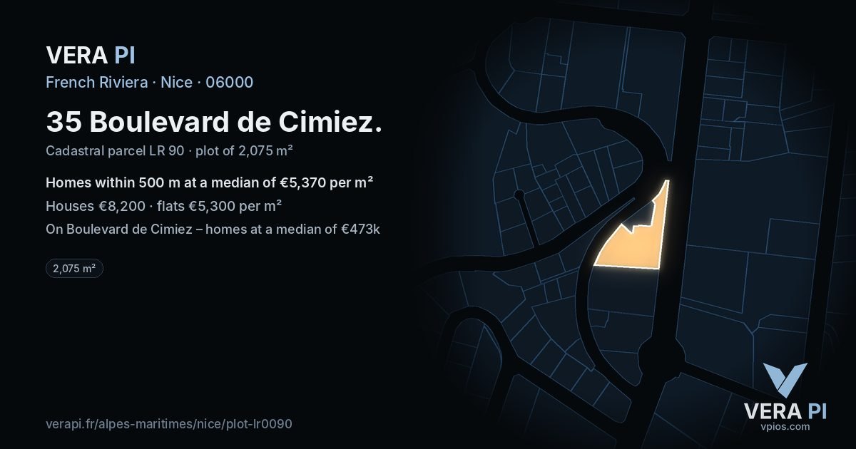 35 Boulevard de Cimiez, Nice at night – the plot lit, the parcels around coloured by the prices near them