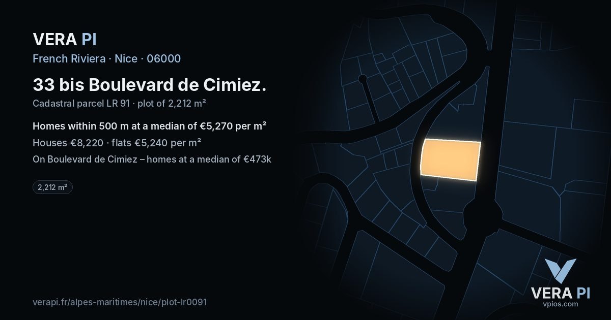 33 bis Boulevard de Cimiez, Nice at night – the plot lit, the parcels around coloured by the prices near them
