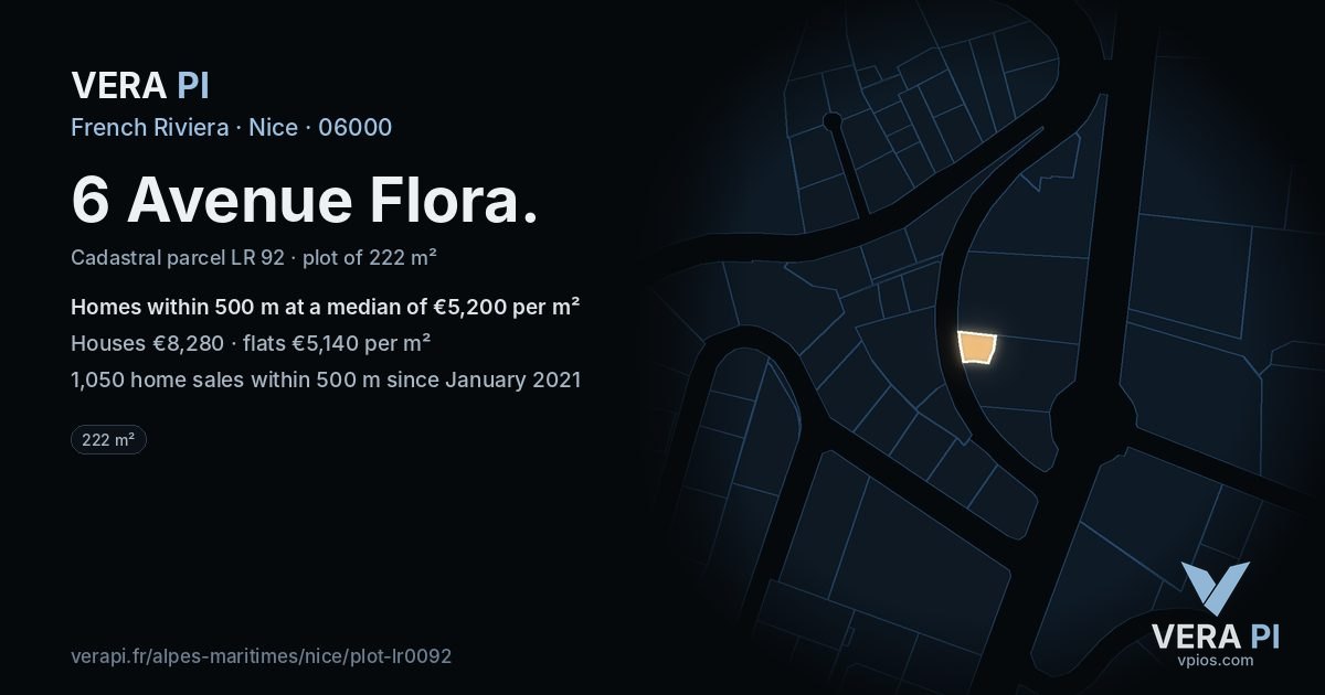 6 Avenue Flora, Nice at night – the plot lit, the parcels around coloured by the prices near them