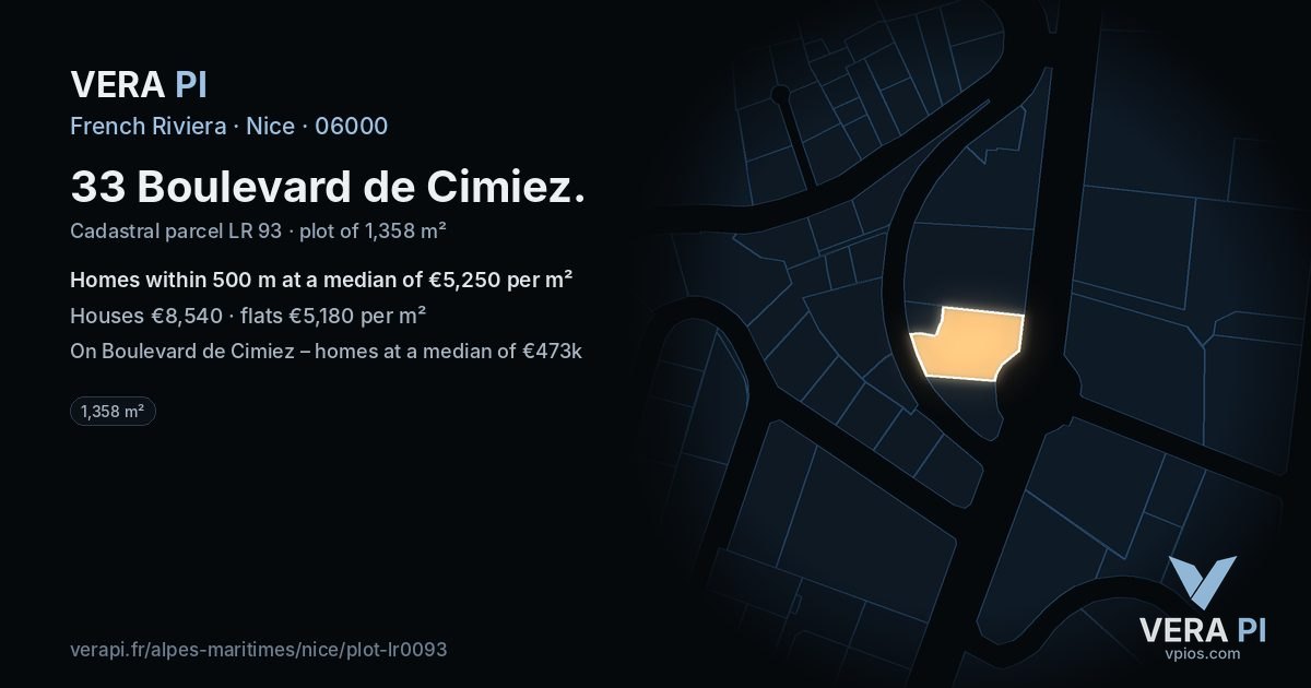 33 Boulevard de Cimiez, Nice at night – the plot lit, the parcels around coloured by the prices near them