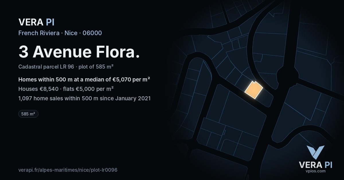 3 Avenue Flora, Nice at night – the plot lit, the parcels around coloured by the prices near them