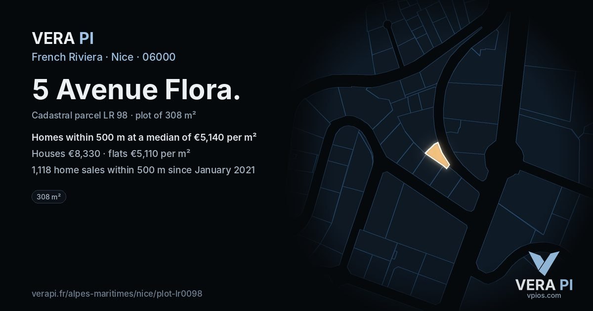5 Avenue Flora, Nice at night – the plot lit, the parcels around coloured by the prices near them