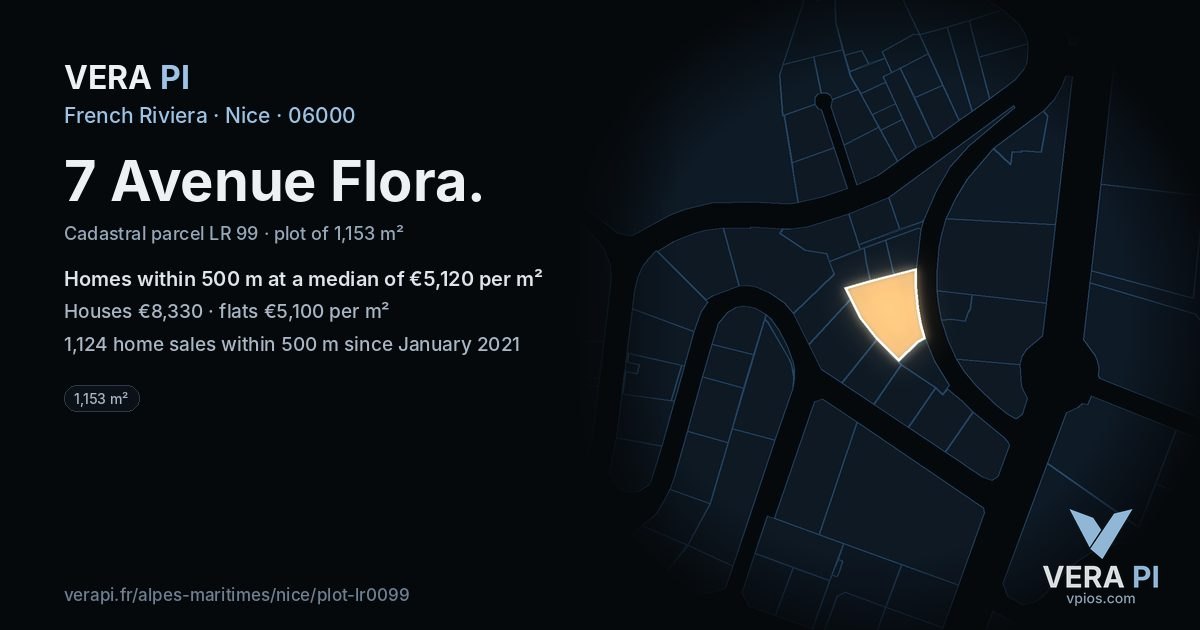 7 Avenue Flora, Nice at night – the plot lit, the parcels around coloured by the prices near them