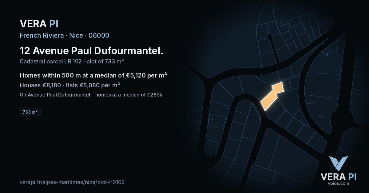 12 Avenue Paul Dufourmantel, Nice at night – the plot lit, the parcels around coloured by the prices near them