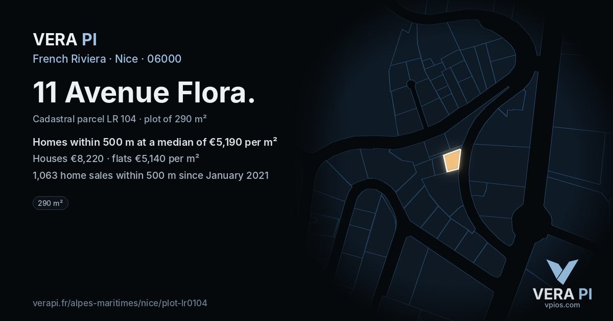 11 Avenue Flora, Nice at night – the plot lit, the parcels around coloured by the prices near them