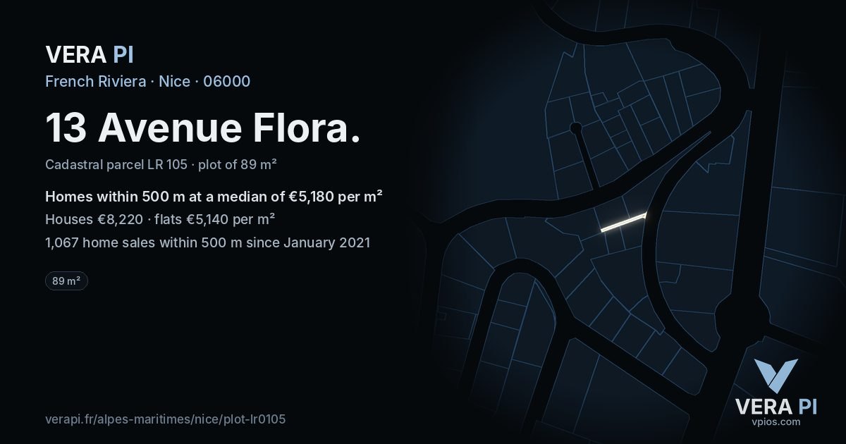 13 Avenue Flora, Nice at night – the plot lit, the parcels around coloured by the prices near them