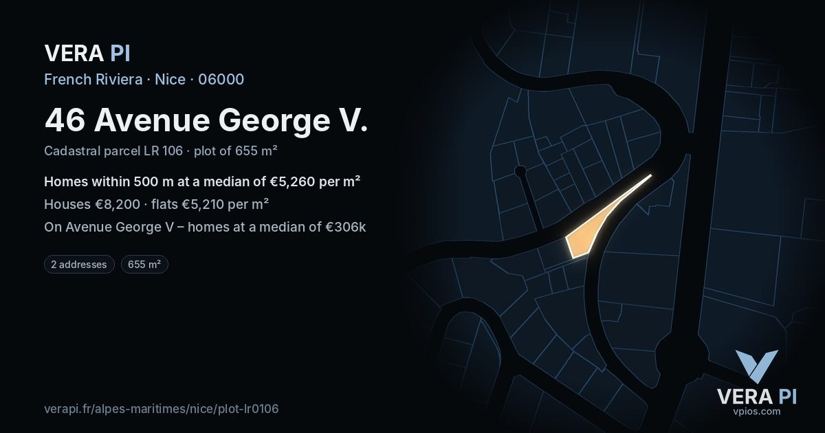 46 Avenue George V, Nice at night – the plot lit, the parcels around coloured by the prices near them