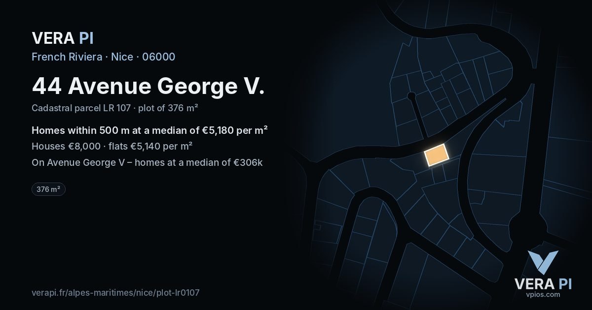 44 Avenue George V, Nice at night – the plot lit, the parcels around coloured by the prices near them