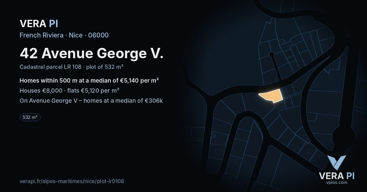 42 Avenue George V, Nice at night – the plot lit, the parcels around coloured by the prices near them