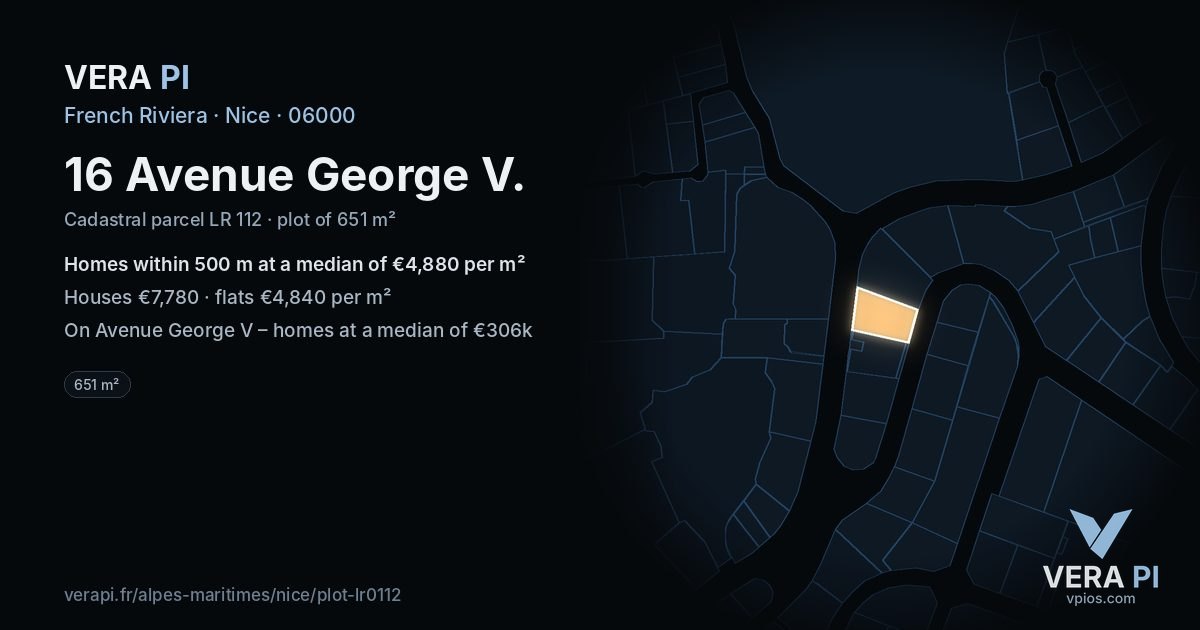 16 Avenue George V, Nice at night – the plot lit, the parcels around coloured by the prices near them