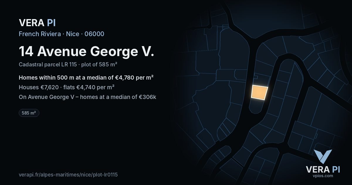14 Avenue George V, Nice at night – the plot lit, the parcels around coloured by the prices near them