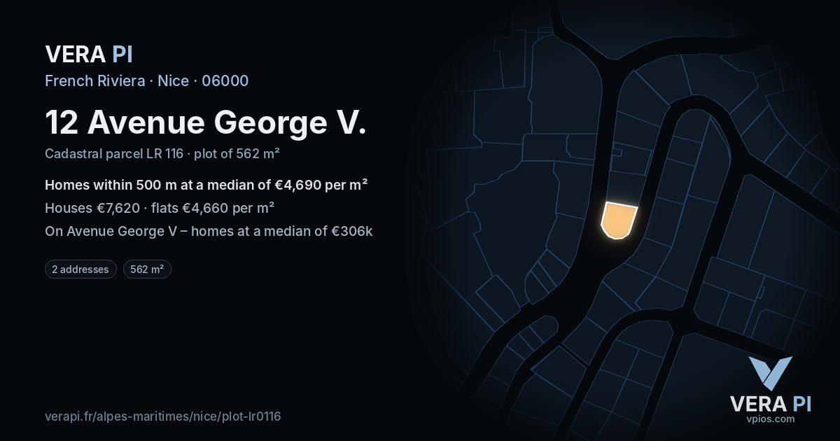 12 Avenue George V, Nice at night – the plot lit, the parcels around coloured by the prices near them