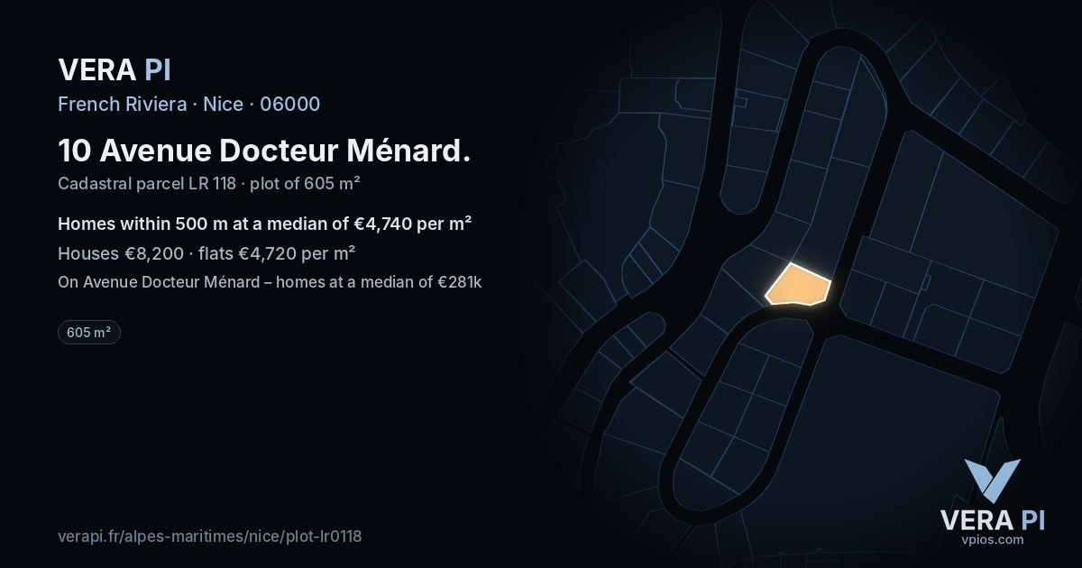10 Avenue Docteur Ménard, Nice at night – the plot lit, the parcels around coloured by the prices near them