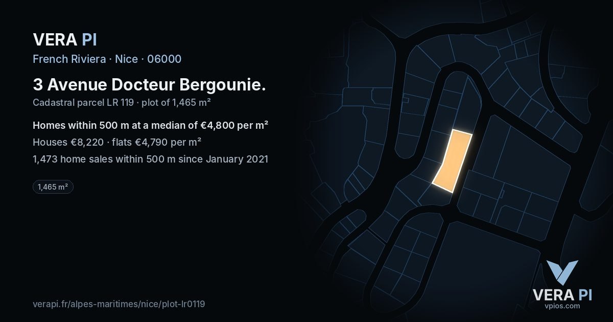 3 Avenue Docteur Bergounie, Nice at night – the plot lit, the parcels around coloured by the prices near them