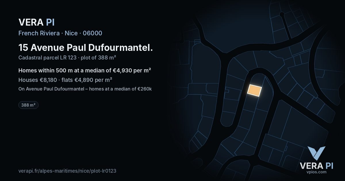 15 Avenue Paul Dufourmantel, Nice at night – the plot lit, the parcels around coloured by the prices near them