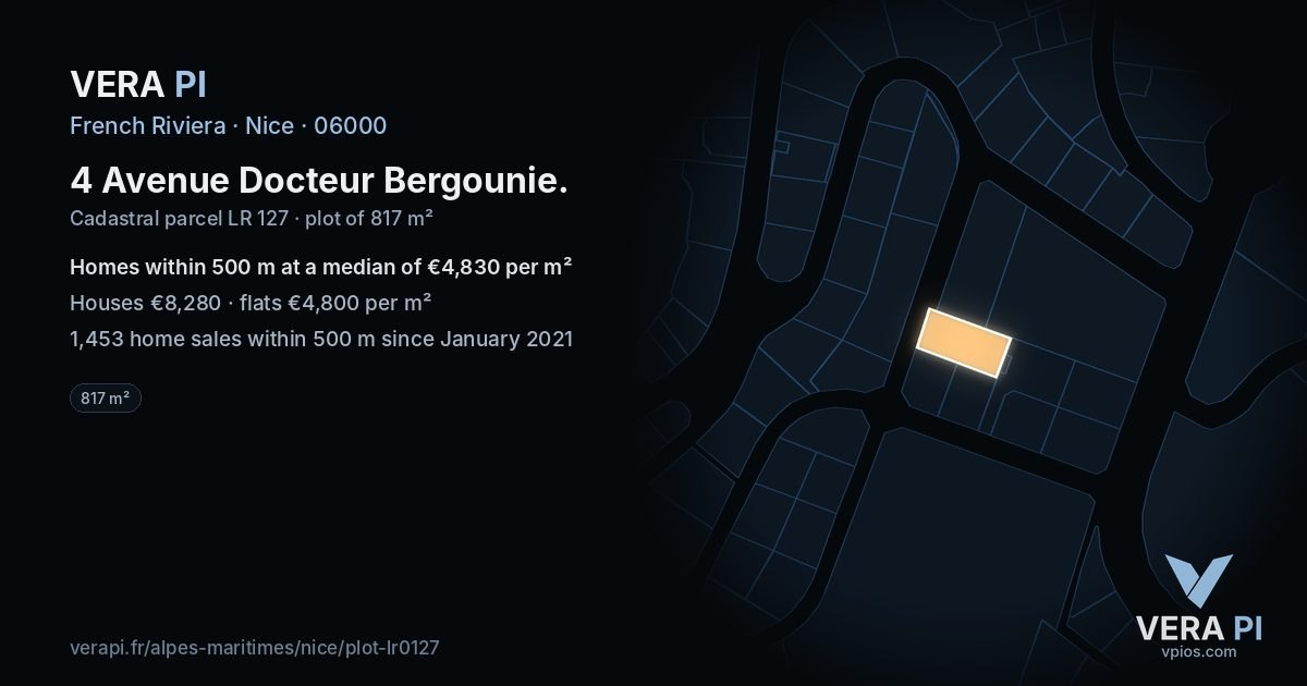 4 Avenue Docteur Bergounie, Nice at night – the plot lit, the parcels around coloured by the prices near them