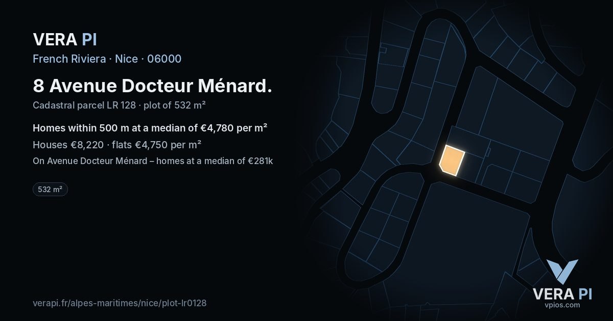 8 Avenue Docteur Ménard, Nice at night – the plot lit, the parcels around coloured by the prices near them