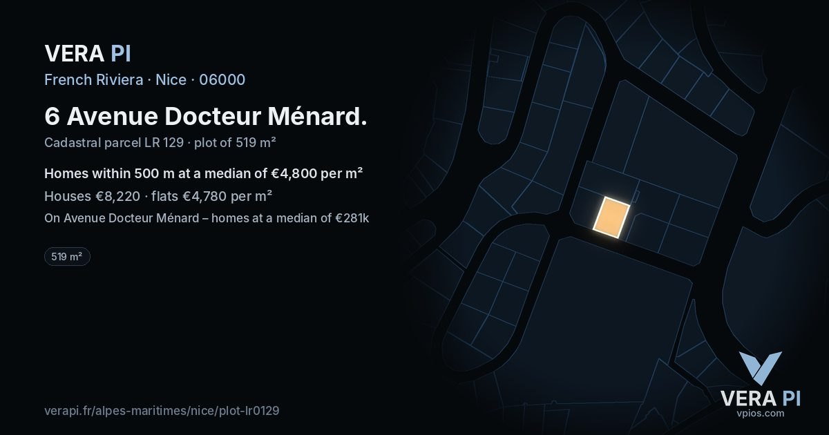 6 Avenue Docteur Ménard, Nice at night – the plot lit, the parcels around coloured by the prices near them