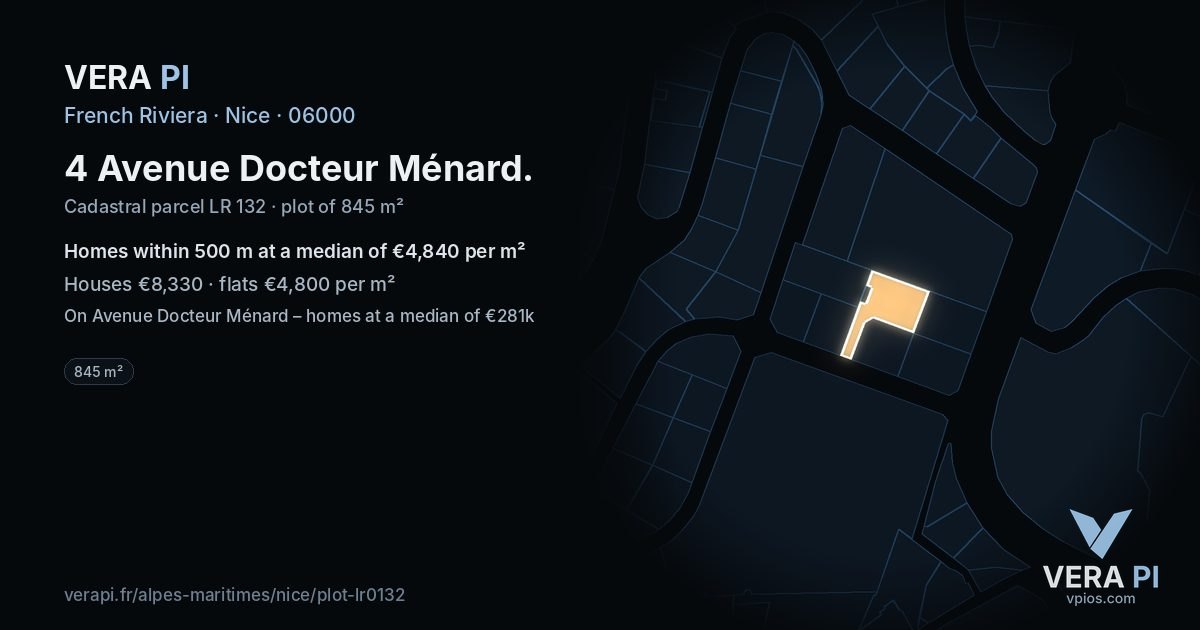 4 Avenue Docteur Ménard, Nice at night – the plot lit, the parcels around coloured by the prices near them