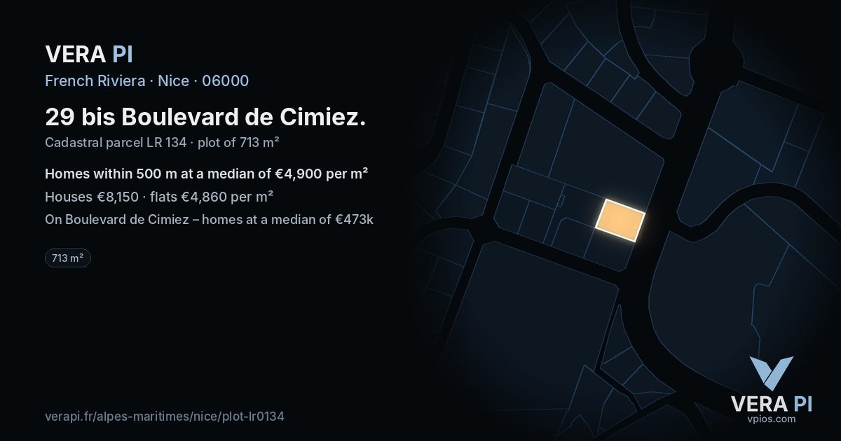 29 bis Boulevard de Cimiez, Nice at night – the plot lit, the parcels around coloured by the prices near them