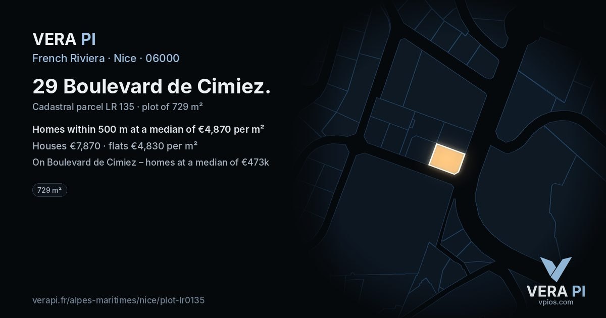 29 Boulevard de Cimiez, Nice at night – the plot lit, the parcels around coloured by the prices near them