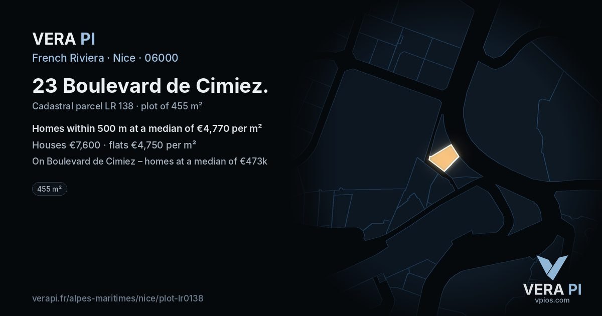 23 Boulevard de Cimiez, Nice at night – the plot lit, the parcels around coloured by the prices near them