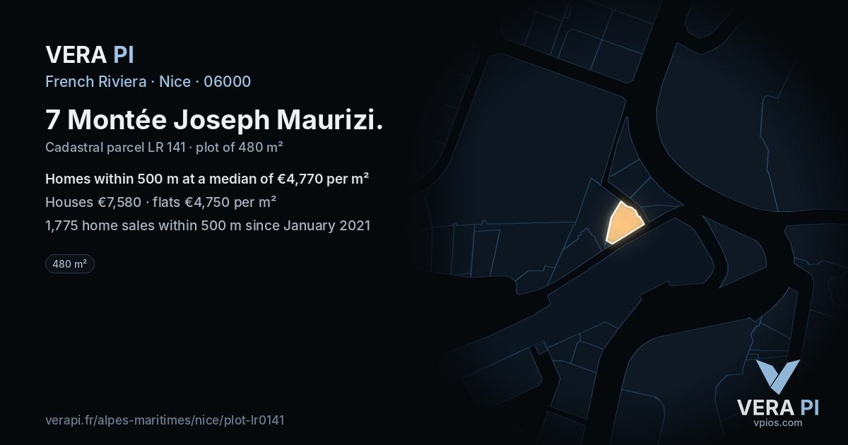 7 Montée Joseph Maurizi, Nice at night – the plot lit, the parcels around coloured by the prices near them